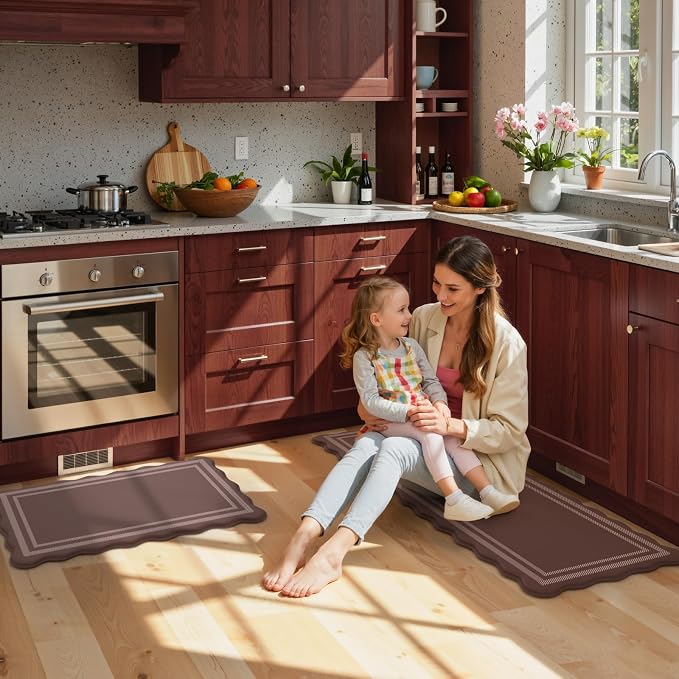 KIMODE Anti Fatigue Kitchen Mats for Floor,Brown Boho Kitchen Rugs Non Slip | Farmhouse Scalloped Rugs for Kitchen FloorCushioned Standing Mats for Laundry Office Sink Desk Dormitory RV 17"x47"+17"x29"