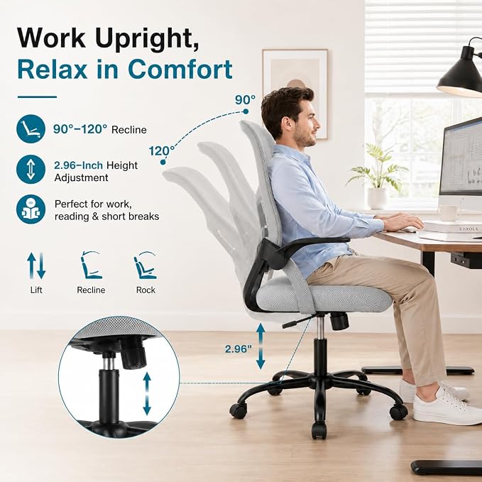 Ergonomic Office Chair, Home Office Desk Chair, Breathable Mesh Desk Chair with Adjustable Lumbar Support and Flip-up Armrests, Game Chairs, 360° Swivel Desk Chairs for Conference, Meeting Room(Grey)