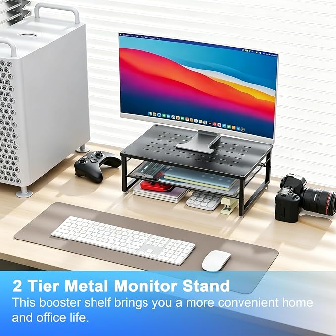 gianotter Desk Organizers and Accessories, 2-Tier Metal Monitor Stand Riser, Desk Organizer for Monitor, Office Desk Storage Organizer for Office Supplies (Black)