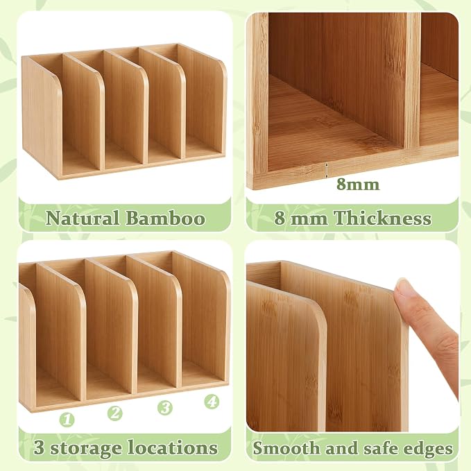 Novabright Bamboo Magazine File Holder Desk Organizer, 4 Vertical Compartments Workspace Sorters for Magazines, Binders, Notebooks, Envelopes