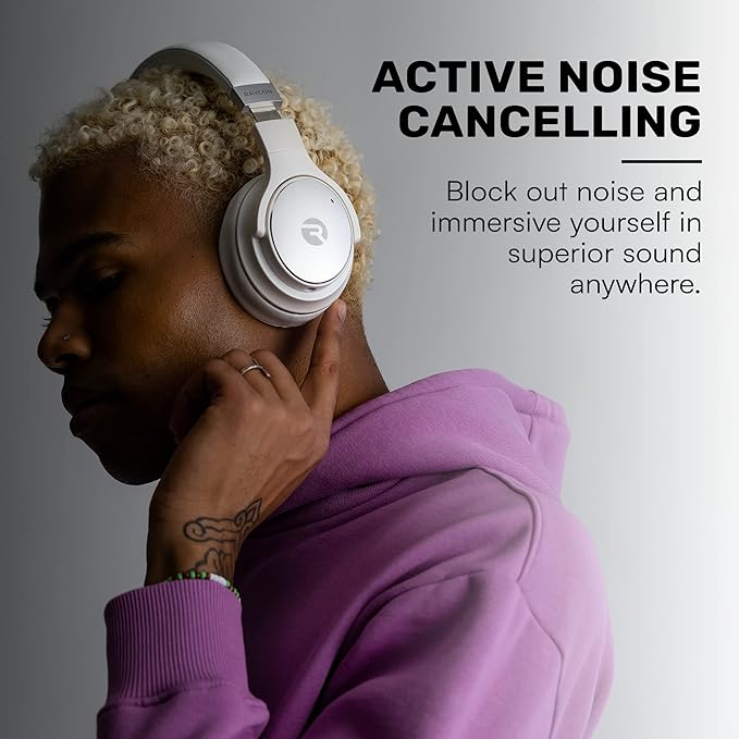 Raycon Everyday Bluetooth Headphones - Over The Ear, Active Noise Cancelling Wireless Headphones + Awareness Mode, Bluetooth Headset with Mic, 40 Hours of Battery Life (Frost White)