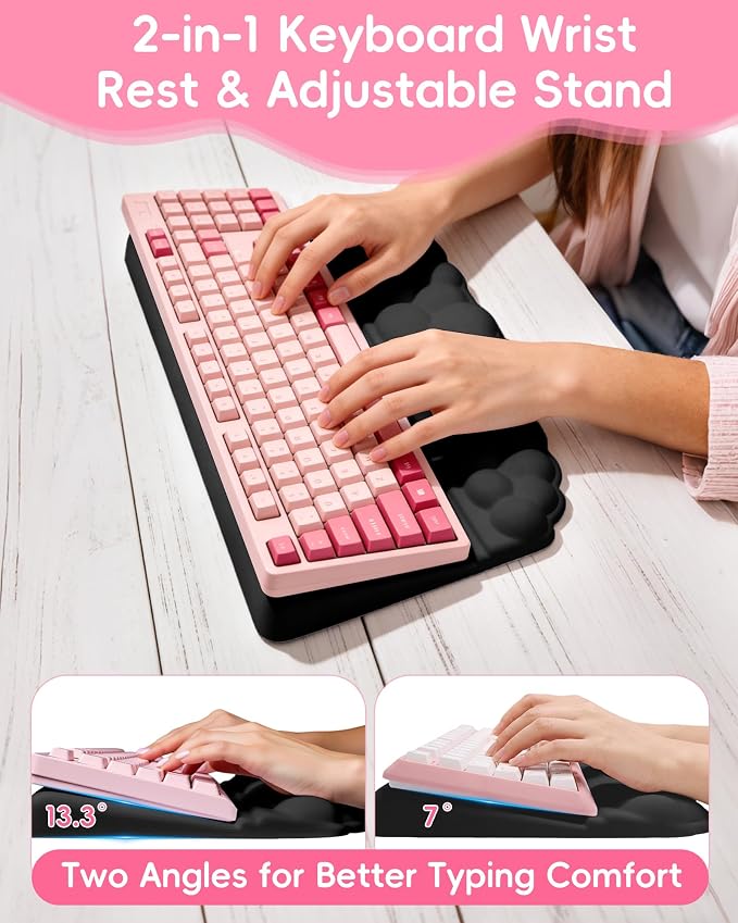 Cloud Wrist Rest Set for Keyboard and Mouse, Cute Memory Foam Wrist Support & 2-in-1 Adjustable Keyboard Stand, Silky Lycra Surface, Two Typing Angles, Non-Slip Base (Black)