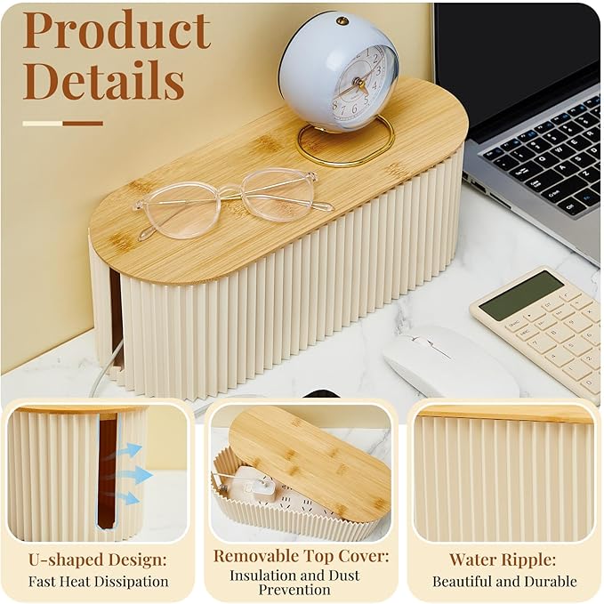 2 Pcs Cable Management Box, Fits Most Power Sockets, 11.8x5.1x4.3 in | Hides Cords & Power Sockets, Bamboo Lid, Beige & Black Options, Includes 48 Accessories, Home Office Desk or Floor Use