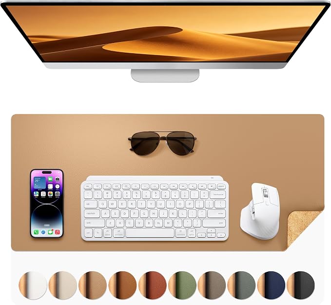 Aothia Dual-Sided Desk Pad - Leather Desk Mat, Natural Cork Desk Pad Protector, Large Mouse Pad for Desk, Waterproof Desk Blotter Pad, Desk Writing Pad for Office Work/Home, Apricot(25.6"x13.7")