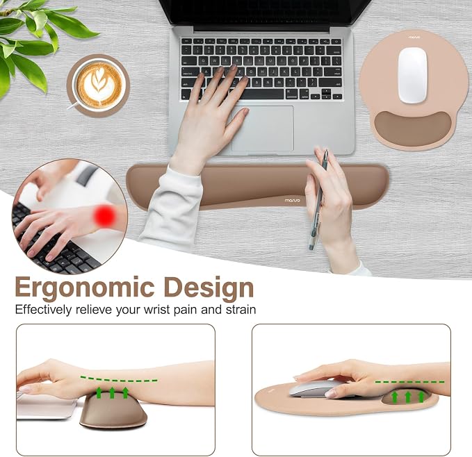 MOSISO Wrist Rest Support for Mouse Pad&Keyboard Set, Streamline Ergonomic Mousepad&Coaster Non-Slip Base Home/Office Pain Relief&Easy Typing Pad with Soft Cloth&Silicone Lining, Mocha