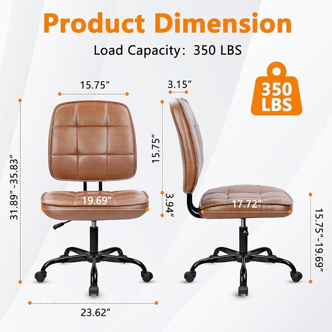 CLATINA Home Office Chair No Arms with Wheels, Armless Small Leather Ergonomic Low Back Desk Chairs Adjustable Height 360° Swivel Rolling Computer Task Chair for Work Conference Room, Brown, 4 Pack
