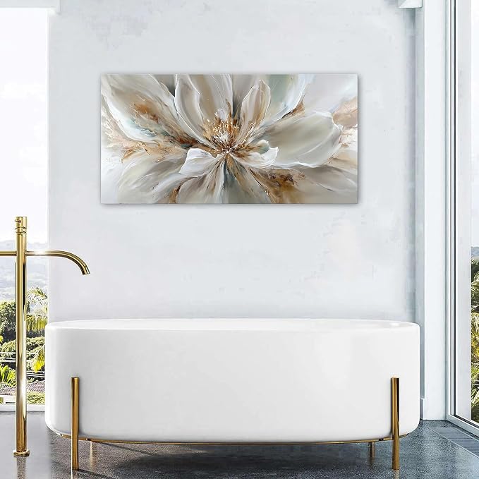 Flower Wall Art Vintage White Floral Canvas Pictures Abstract Blooming Flower Prints Painting Large Abstract Botanical Blossom Wall Decor Elegant Artwork for Bedroom Living Room Home Decoration 24x48"