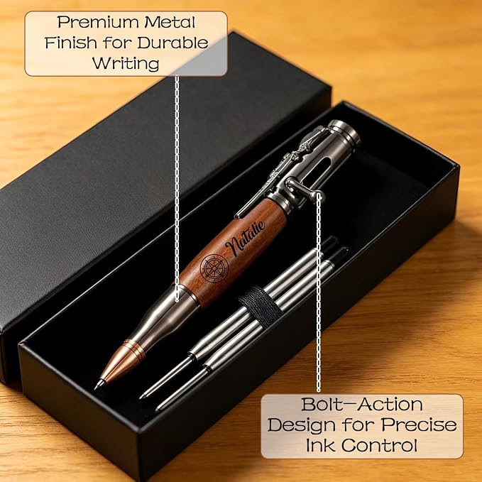 Custom Bolt Action Pen Gift Set with Engraving Personalized Metal Pen Gifts for Men Husband Father Boyfriend Grandfather Brothers Graduate (Wooden Pen)