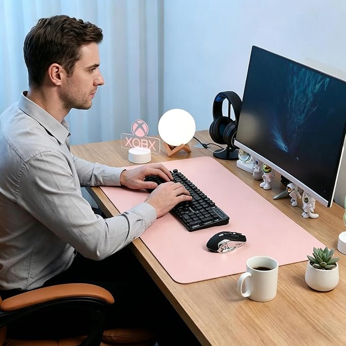 Large Desk Mat 20" x 55", Single-Sided Natural Cork & PU Leather Desk Pad, Non-Slip Waterproof Mouse Pad for Office, Home & Gaming, Pink