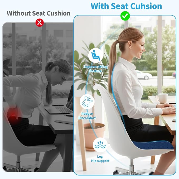 TranquilRelax 2XL Seat Cushion, Memory Foam Cushion for Long Sitting Hours on Office Chair, Car Seat, Non-Slip Chair Pad for Sciatica, Coccyx, Tailbone Pain Relief & Post-Surgery Recovery (Blue)