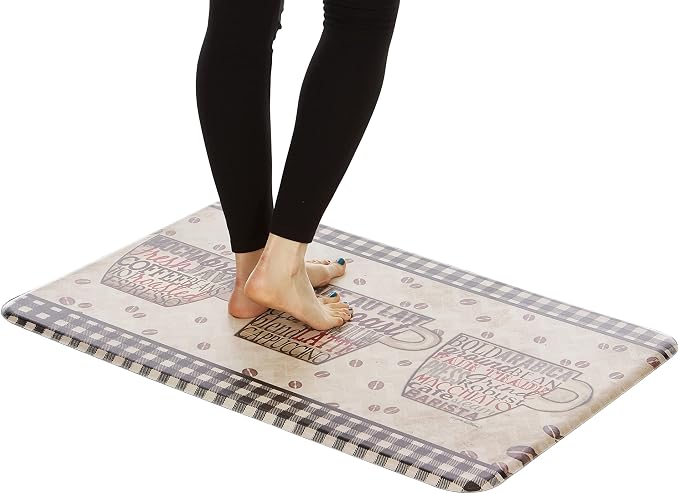 J&V TEXTILES Anti Fatigue Cushioned Comfort Mat, Ergonomically Durable, Supportive, Padded, Thick and Washable, Stain-Resistant, Kitchen, Garage, Office Standing Desk Mats (Coffee Words)