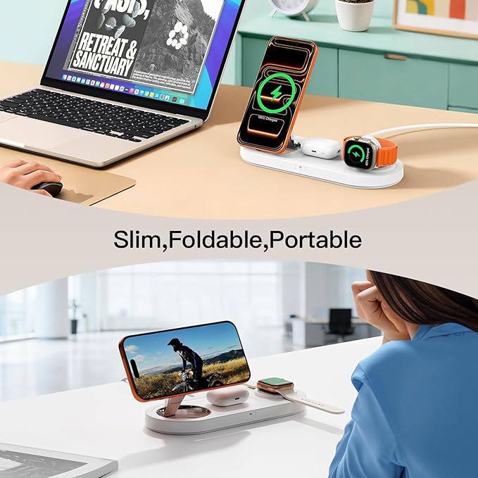15W Magnetic 3 in 1 Wireless Charging Station,No Blue Light Disturbing Sleep,for iPhone17-12, Fast 5W Charger for Apple Watch AirPods,Foldable Stand, MagSafe Charger Dock for Nightstand Desk Travel
