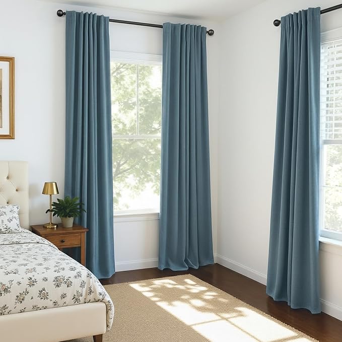 INOVADAY 100% Blackout Curtains for Bedroom, Black Out Curtains 80 Inch Long, Clip Rings Linen Blackout Drapes, Thermal Insulated Room Darkening for Living Room, 2 Panels - Stone Blue, W50xL80