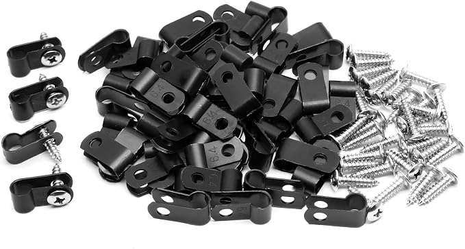1/4 Inch Nylon Cable Clamps, Black, 60pcs R-Type Wire Cable Clips | M4 Screws Included, Screw Mounting Cord Fastener, Wire Conduit Clamp, for Wire Management