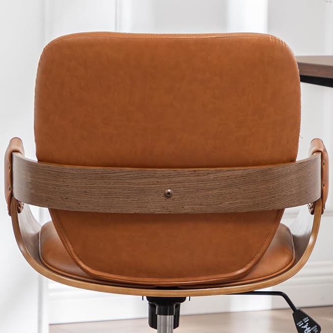 Mid Century Modern Office Chair, Floor Protective Silent Casters | Ergonomic Curved Back, Bentwood Frame, 360° Swivel & Rocking Function, Height Adjustable 19"-23", Support Up to 350 lbs