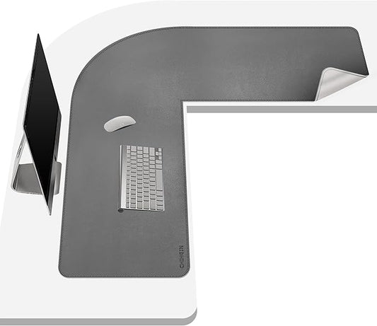 Chihein L-Shaped PU Leather Desk Pad (41.3” + 41.3”) x 12.99”(Gray/White), Reversible Gaming Corner Desk Mat, Computer Office Mouse Pad for Home Office