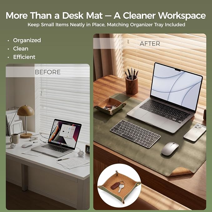 Premium Faux Leather Desk Mat & Tray Set，Innovative Cork-Look Printed Base，Gift Tube Packaging，Full-Desk Coverage，Non-Slip Desk Pad for Office Home（Olive Green）