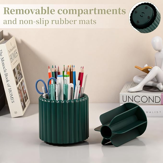 360° Rotating Pen Holder for Desk Removable Pencil Organizer, Teal Green | 7 Slots Pen Cup Cute Office Supplies and Accessories Plastic Desktop Storage Box Art Caddy for School, Work, Home