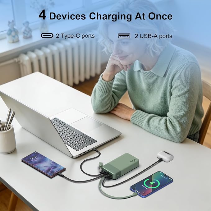 NOBIS Portable Charger 20000mAh, 45W Power Bank Fast Charging, 4-Output Battery Pack w/Detachable Dual Type-C Lanyard Cable & Hook, Battery Bank w/Digital Display for Phone, Laptop, Steam Deck