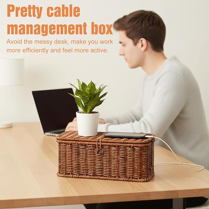 Cable Management Box Handmade Rattan Cable Organizer Stylish Hider Box with 2 Open Slots Desk Decorative Storage for Home Office Power Strips Cord Hider