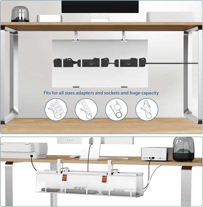 Zilink Under Desk Cable Management 30" No Drill Desk Cable Management Tray Clamp/Screw Mount Cable Tray Sturdy Waterproof Fabric Cord Organizer for Office, Home, White