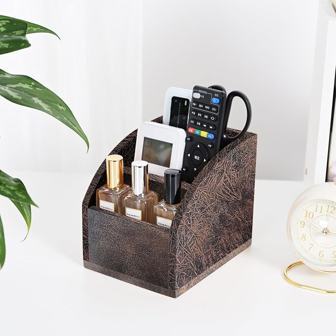 Rustic Vintage Wooden Desk Organizer Farmhouse Wood Remote Control Caddy 3 Slot Tabletop Desktop Office Supply Storage Rack Desktop TV Remote Control Holder Home Decor Office Supplies (Metallic color)