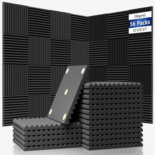 56 Pack Sound Proof Foam Panels |1"×12"×12" Quick-Recovery Soundproof Wall Panels | High Density Sound Dampening Panels for Home Studio |With Adhesive Stickers 280PCS (Black)