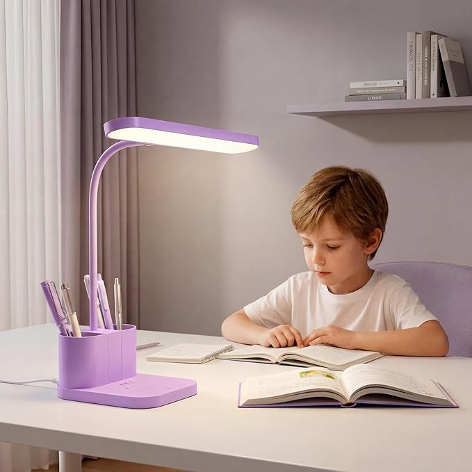 AXX Purple Desk Lamp for Home Office, Cute LED Table Light for Bedroom, College Dorm Room Kawaii Accessories for Kids Teen Girls