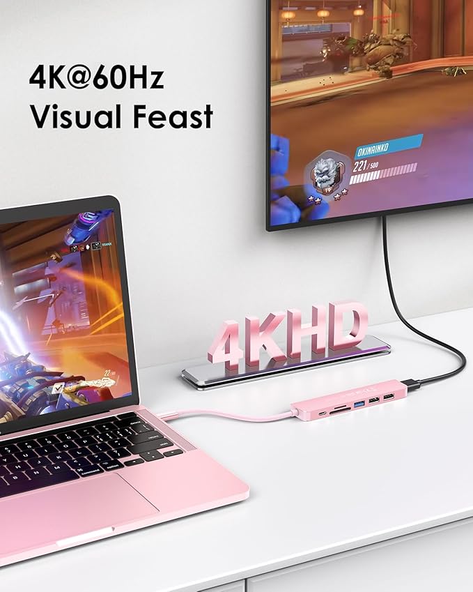 LENTION USB C Hub with 100W Charging, 4K HDMI, Dual Card Reader, USB 3.0 & 2.0 Compatible MacBook Pro, New Mac Air/Surface, Chromebook, More, Stable Driver Adapter (CB-CE18, Rose Gold)