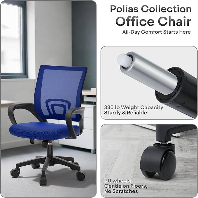 Ergonomic Mesh Office Chair, Heavy Duty 330 Lb Capacity 24 Pack, Blue | Mid-Back Desk Chair, Rolling Wheel, Breathable Mesh Backrest & Lumbar Support, Adjustable Height, Sponge Seat for Home Office