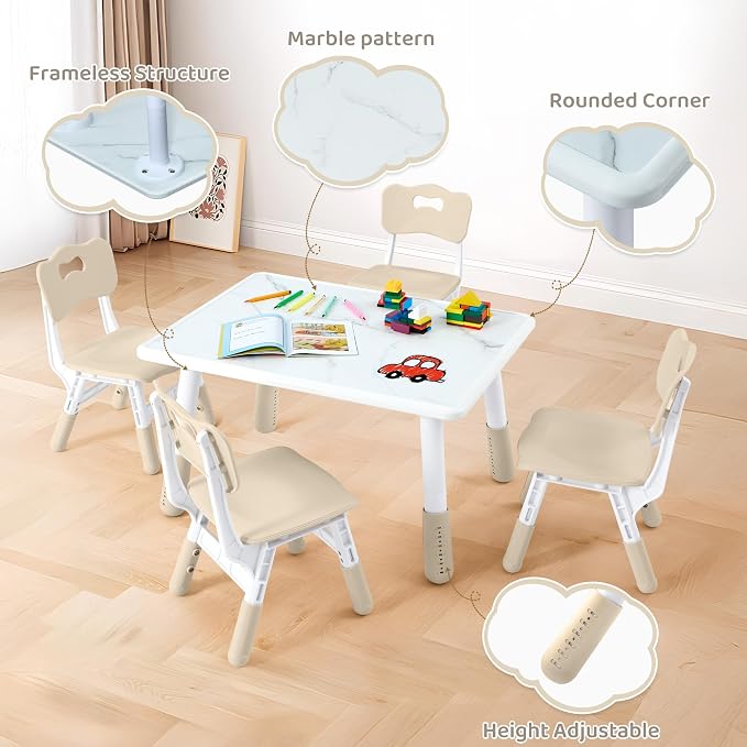 DOREROOM Toddler Table and 4 Chairs Set, Marble Top, No-Screw Legs, Natural | Graffiti Desktop, 31.5"L x 23.6"W, Frameless, Kids Ages 3-8, FSC-certified, Children Activity for Daycare, Classroom, Home