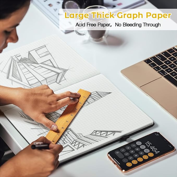Graph Paper Notebook, Hardcover Notebook 8.5 x 11, Grid Notebook Journal for Women, Men, Large Leather Journals for Writing, Thick Paper, A4 Notebooks for Work, School Supplies, Engineering Yellow