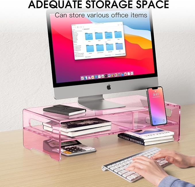 Pink Acrylic Monitor Riser, 2-Tier Desk Computer Stand With Storage & Phone Holder | Clear Computer Monitor Stand for Desk,Handheld Function Easy Mobility,16 in Wide for Laptop, Printer,Screen,Desktop Organizer