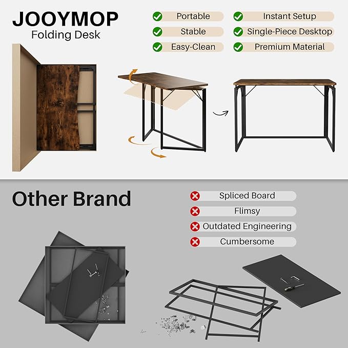 JOYMOOP Folding Desk Rustic Brown - 47.2", No Assembly Foldable Desk for Home, Office - Large Size, Wooden Top Folding Computer Desk for Working, Writing, Studying