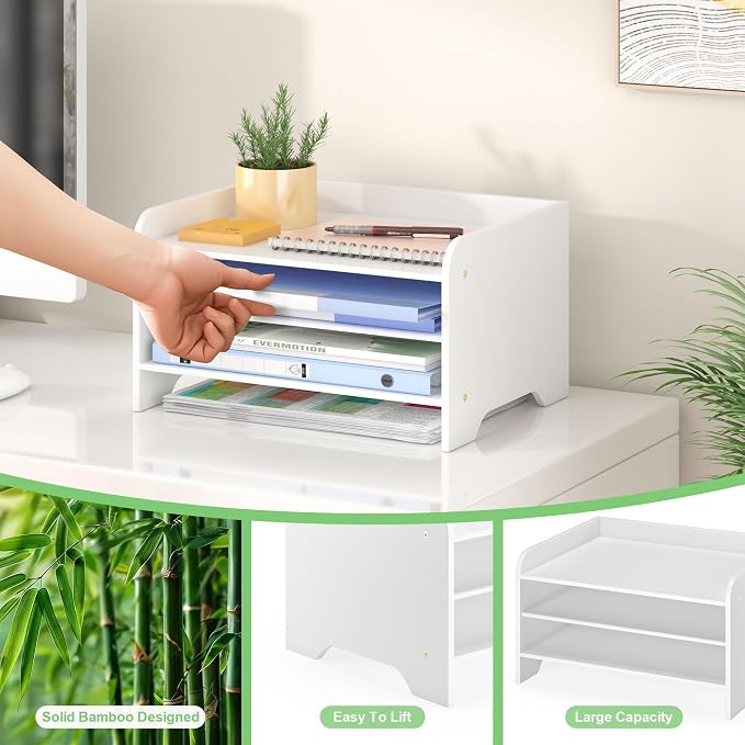 Bamboo File Organizer for Desk, Desktop Paper Tray and Mail Holder | Three open tiers keep A4/letter paper, folders, bills and mail sorted, visible and easy to reach while saving desk space