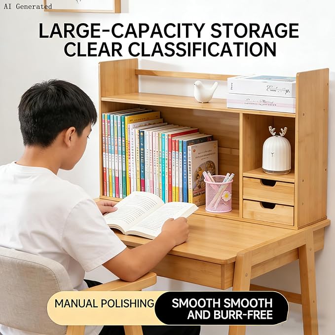 Bamboo Desktop Bookshelf 2-Tier Desk Organizer with Drawers | 22.8"x7.5"x18.1" size with rounded corners, fit office dorm bedroom; holds books & stationery, easy to assemble