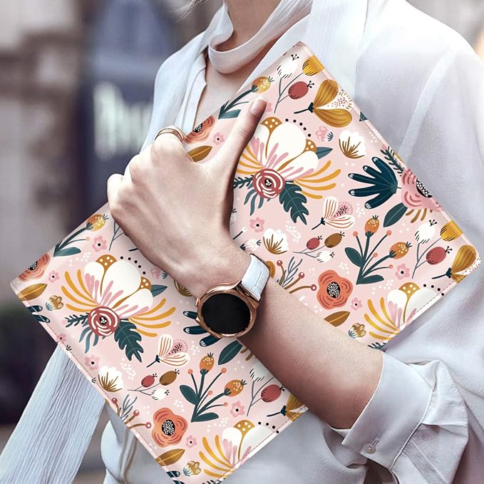 Portfolio Case for Women, Cute Floral Padfolio Cover for Girls, Conference/Resume/Legal Document Organizer with Letter/A4 Size Clipboard Hardboard, Business Card Holders, Pink Flower