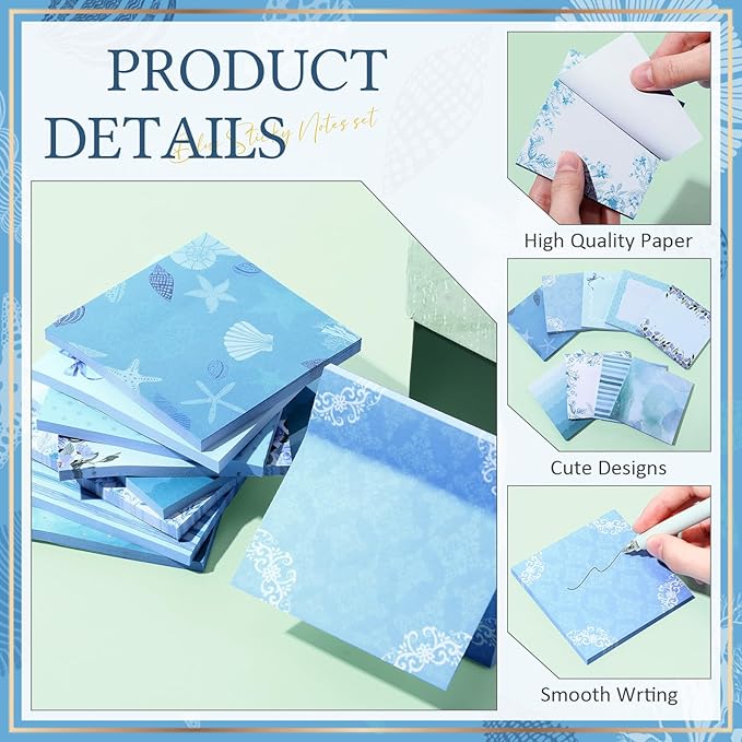 9 Pcs Aesthetic Sticky Notes Cute Pastel Self Stick Notepads Easy to Post Desk Supplies for Home Office Decor School Accessories Women Birthday Coworker Gifts(Blue)