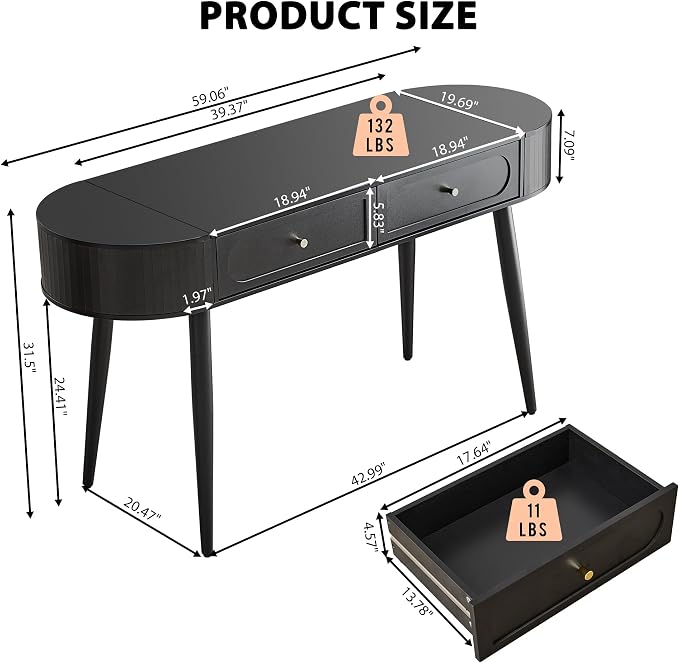 AVZEAR 59" Oval Fluted Home Office Desk, Mid Century Modern Computer Desk Wood Writing Desk with 2 Drawers + 2 Flip Storage, Farmhouse Vanity Table Executive Desk for Study, Living Room, Dorm(Black)