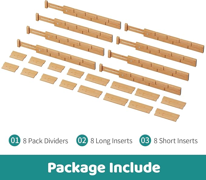 8 Pack Kitchen Drawer Dividers with Inserts, Bamboo Adjustable Drawer Organizers, Expandable Organization for Home, Dressers, 8 Dividers with 16 Inserts