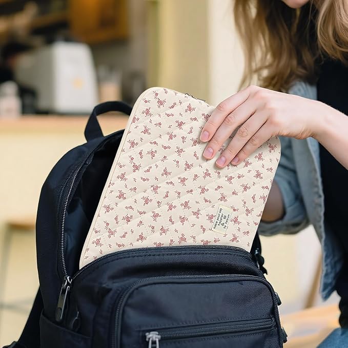Puffy Laptop Sleeve 15-15.6 Inch Cute Quilted Laptop Protective Case Padded Floral Computer Sleeve for MacBook (A-Pink, 15 Inch)