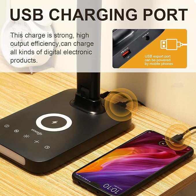 VAVOFO LED Desk Lamp with Fast Charger, USB Charging Port, Desk Light for Home Office with 5 Brightness Levels, Touch Control, 30/60 min Auto Timer, Eye-Caring Dimmable Table Lamp with Adapter