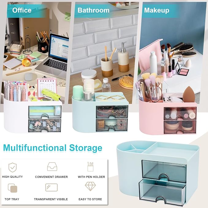 Meiikun Desk Organizer with Drawer, Pen Organizer for Desk, Small Pencil Holder, Desk Organizers and Accessories for Office Home Storage (2 Drawers+4 Compartments, Blue)