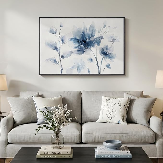 Framed Blue Floral Wall Art for Bedroom, Modern Botanical Canvas Painting Prints, Natural Minimalist Pastel Watercolor Elegant Flower Pictures for Living Room Dining Room Office Wall Decor, 24x36 Inch