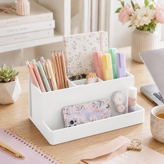 Acrimet Desktop Organizer - Multi Organizer Caddy Holder for Office, Home and School use (Plastic) (White Color)