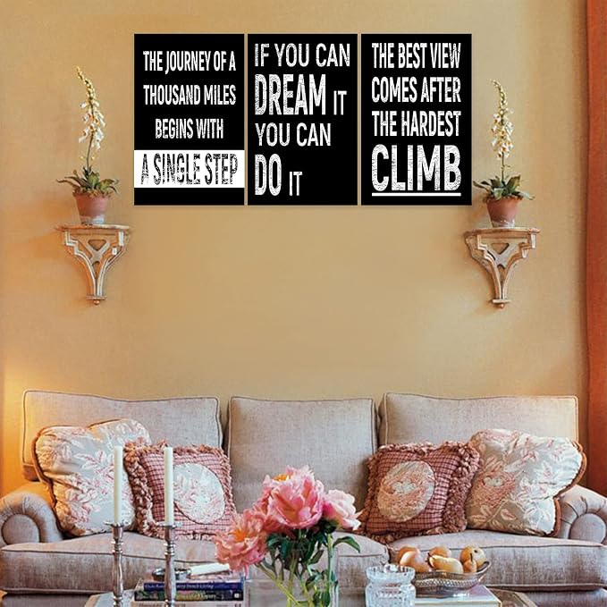 3 Piece Inspirational Wall Art, Black Background Sayings Picture, Quotes Motivational Canvas Prints for Gym Wall Decor, Triptych Entrepreneur Painting Framed Artwork for School Decor (48"Wx24" H)