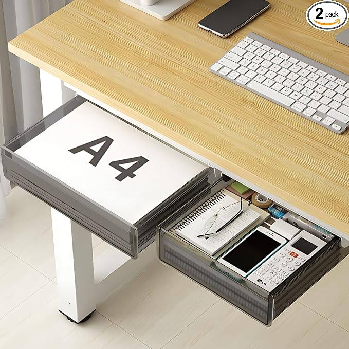 SVNNELP Under Desk Table Drawer Storage Organizer,2 Pack Large & Medium Slide Out Desk Drawers - Hidden Desktop Organizer,Attachable Pencil Storage Tray Under Table(ML)