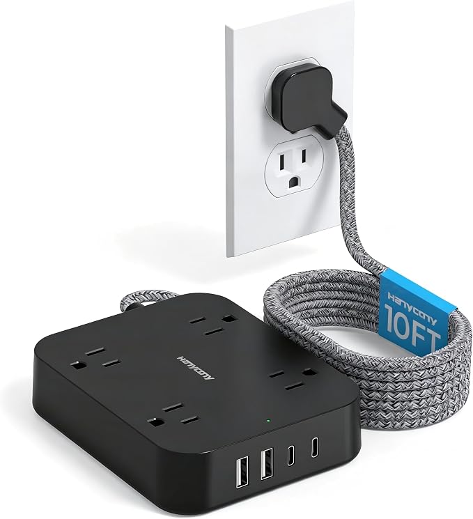 10 Ft Braided Extension Cord with Ultra-Thin Flat Plug, 4 Widely Spaced Outlets & 4 USB Ports (2 USB C), Non-Surge Protector Power Strip for Cruise Ship, Travel Essentials, Home Office, Black