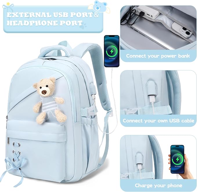 ACESAK School Backpack for Girls - 3 PCS Cute Girls Backpack with Lunch Box & Pencil Case - Kawaii Casual Kids Bookbag School Bag Daypacks Set for Elementary Middle High School Student Teens (Blue)