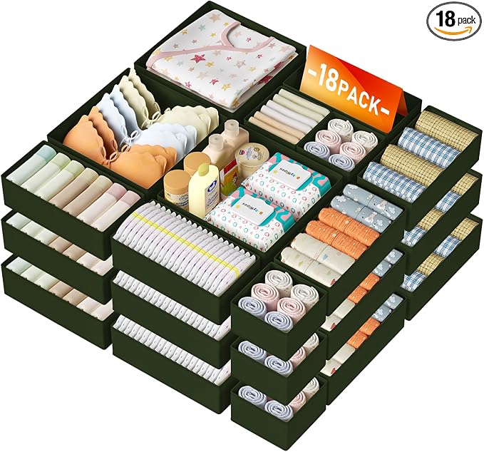 DIMJ Drawer Organizer Clothes 18 Pack - Foldable Baby Organizers and Storage & Dresser Organizer for Bedroom, Closet - Nursery Organization Dresser Dividers for underwear, Sock,Bra, Belt, Tie, Beige